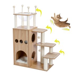 Modern Wooden Cat Tree Multi-Level Cat Tower With Fully Sisal Covering Scratching Posts